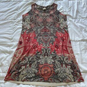 Womens Size XL Red Paisley Midi Dress Sleeveless High Neck Boho Chic Artsy